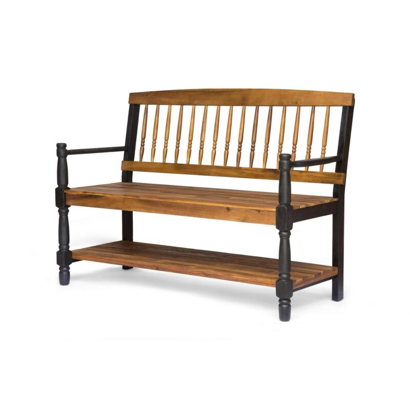 Noble House Imperial Outdoor Rustic Acacia Wood Bench with Shelf in Teak/Black - Image 6
