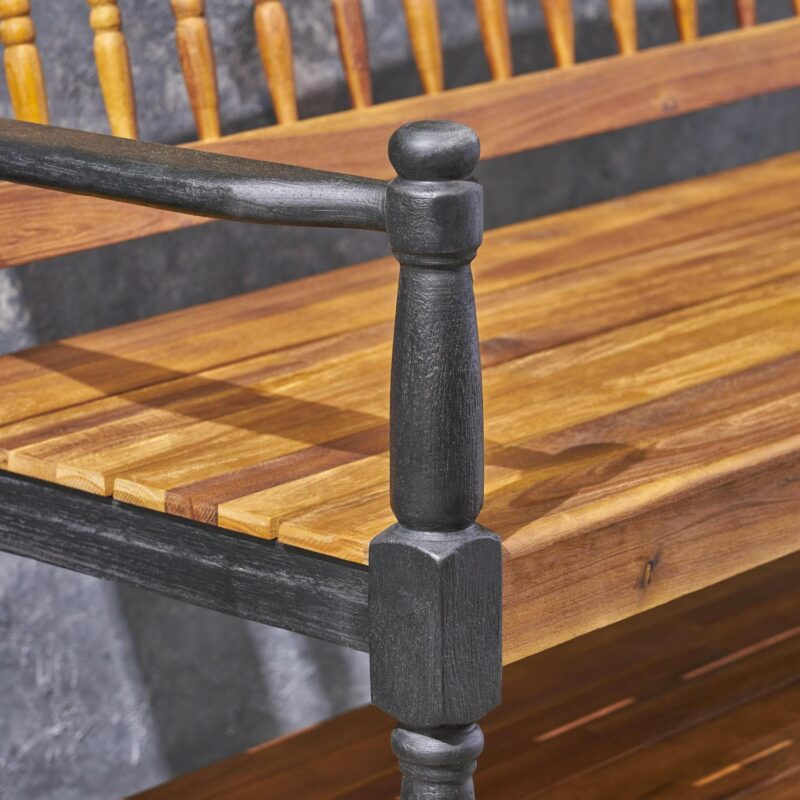 Noble House Imperial Outdoor Rustic Acacia Wood Bench with Shelf in Teak/Black - Image 3