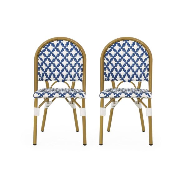 Noble House Louna Aluminum and Faux Rattan Bistro Chairs in Blue/White (Set of 2)