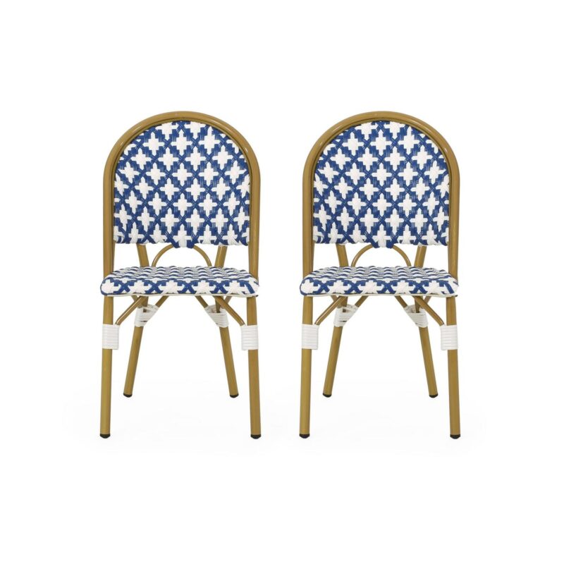 Noble House Louna Aluminum and Faux Rattan Bistro Chairs in Blue/White (Set of 2)
