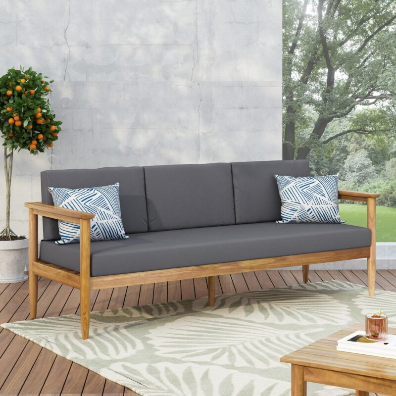 Noble House Magnolia Acacia Wood Outdoor Patio 3-Seater Sofa in Teak/Dark Gray - Image 2