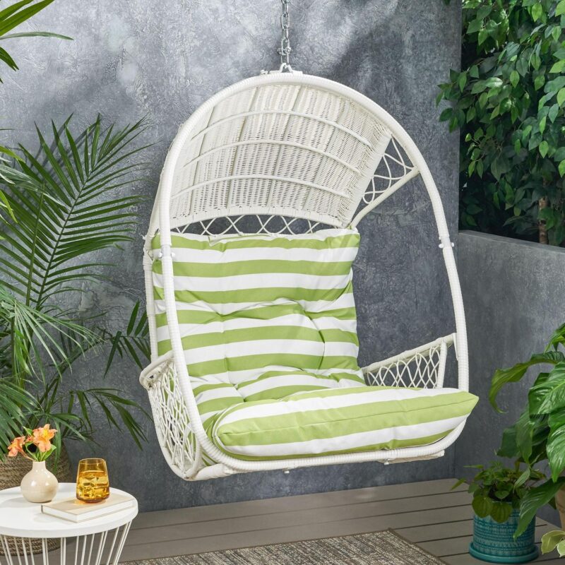 Noble House Malia Wicker Hanging Chair (Stand Not included) in White/ Green - Image 2