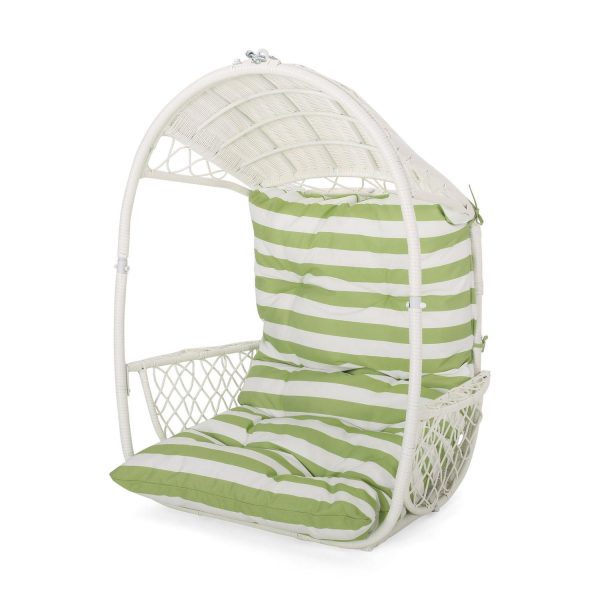 Noble House Malia Wicker Hanging Chair (Stand Not included) in White/ Green