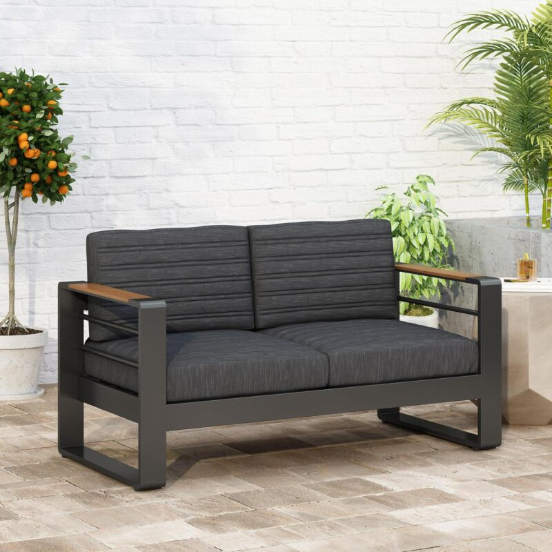 Noble House Negley Cushion Aluminum Outdoor Loveseat - Dark Gray/Black - Image 2