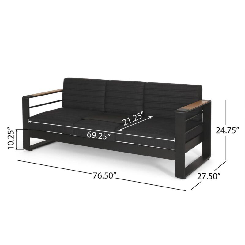Noble House Negley Cushion Aluminum Outdoor Sofa - Black/Dark Gray - Image 4