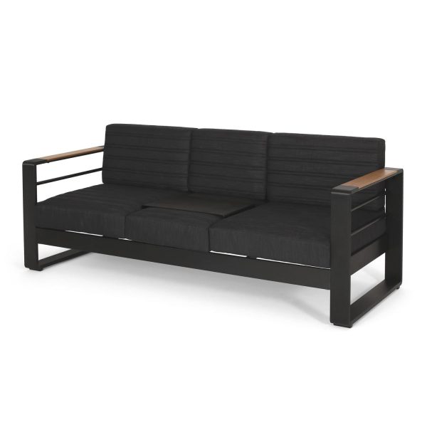 Noble House Negley Cushion Aluminum Outdoor Sofa - Black/Dark Gray