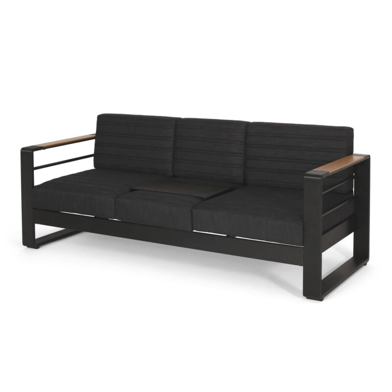 Noble House Negley Cushion Aluminum Outdoor Sofa - Black/Dark Gray