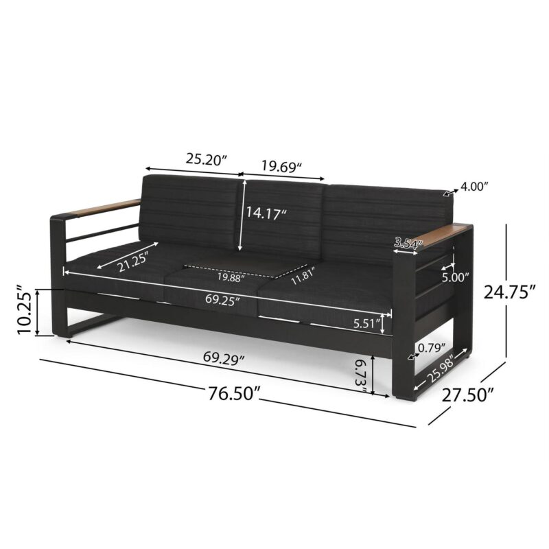 Noble House Negley Cushion Aluminum Outdoor Sofa - Black/Dark Gray - Image 3