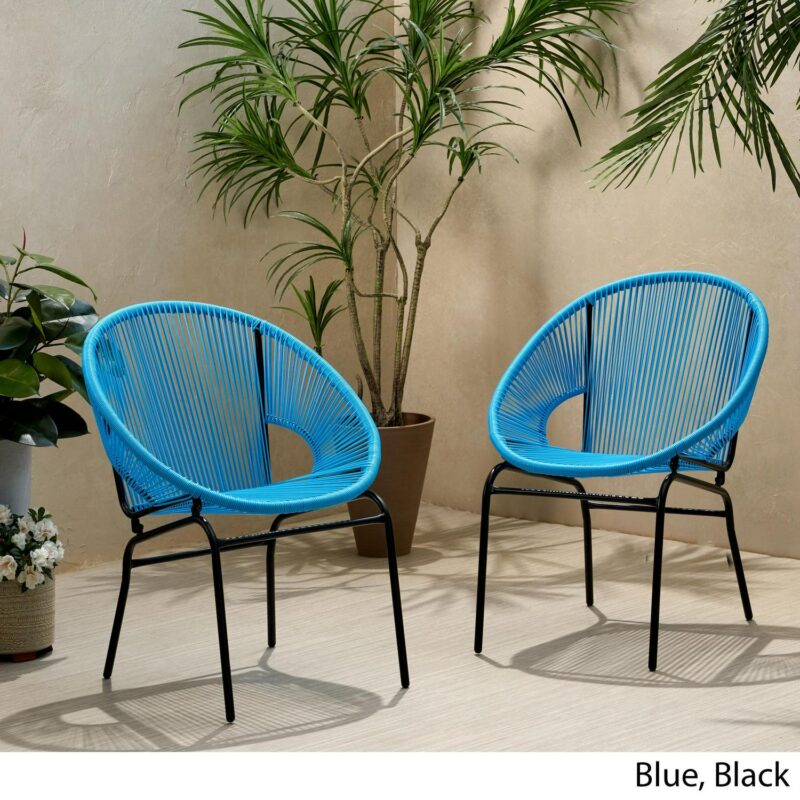 Noble House Nusa Faux Rattan and Iron Patio Chair Set in Blue/Black (Set of 2) - Image 3