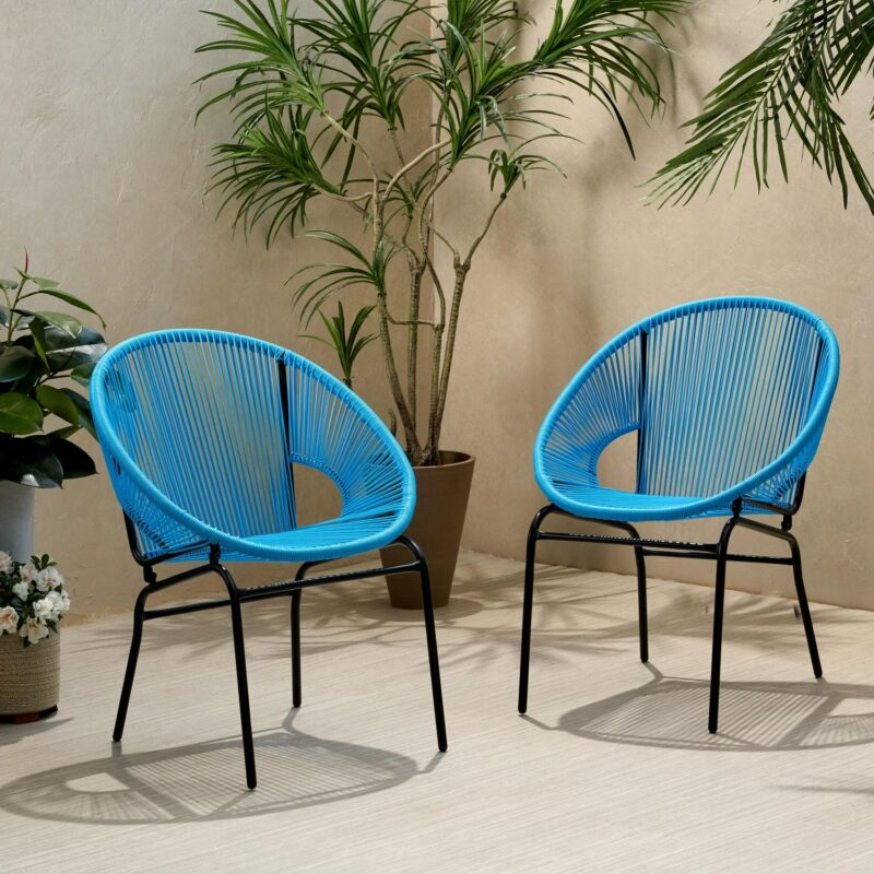 Noble House Nusa Faux Rattan and Iron Patio Chair Set in Blue/Black (Set of 2) - Image 2