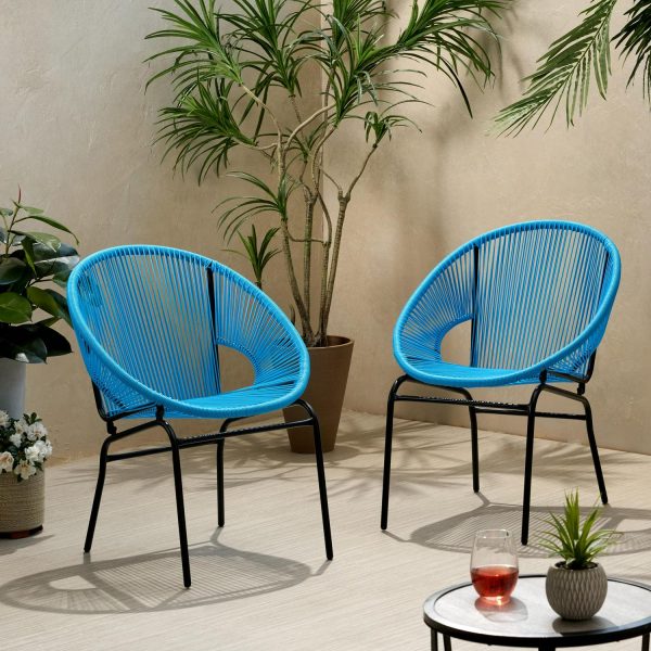 Noble House Nusa Faux Rattan and Iron Patio Chair Set in Blue/Black (Set of 2)
