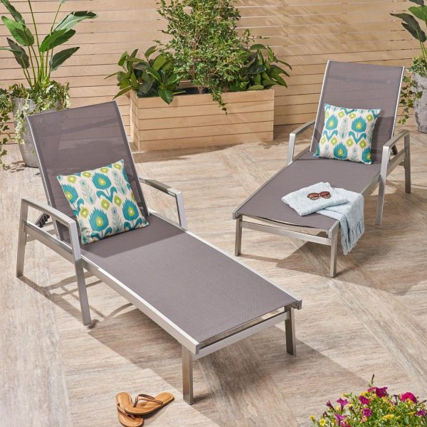 Noble House Oxton Outdoor Mesh and Aluminum Chaise Lounge (Set of 2) Gray