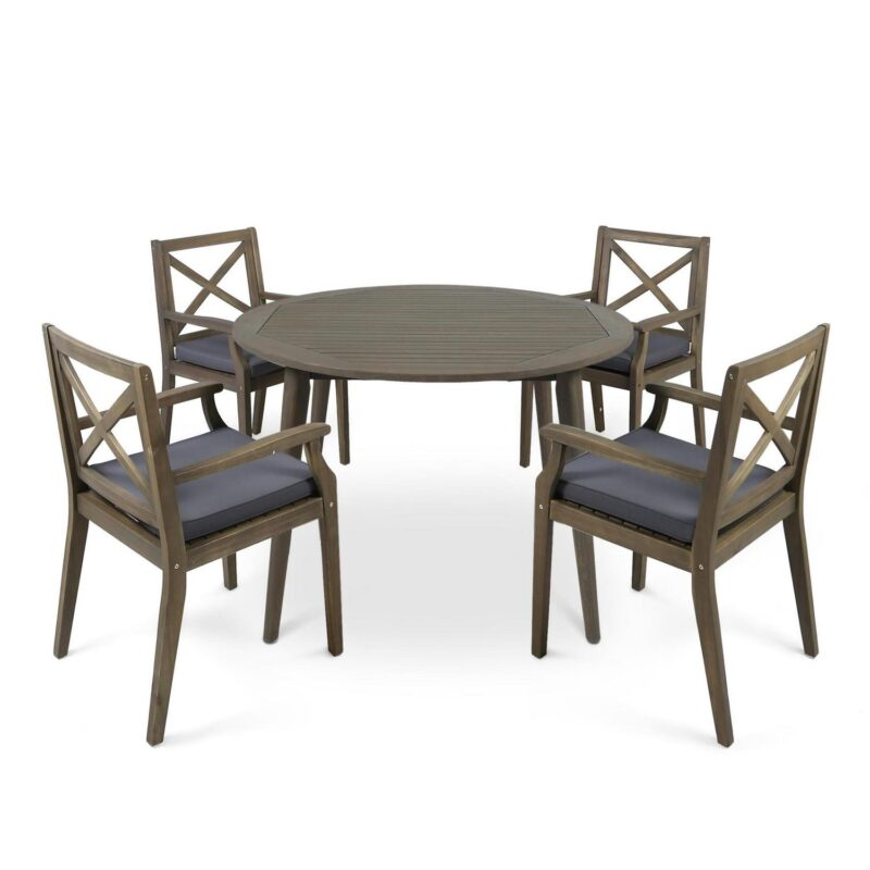 Noble House Pines 5 Piece Wooden Round Patio Dining Set in Gray - Image 6