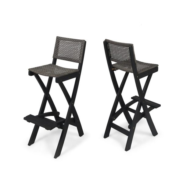 Noble House Polaris Outdoor Folding Acacia Wood Barstool in Dark Gray (Set of 2)