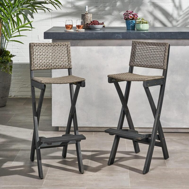Noble House Polaris Outdoor Folding Acacia Wood Barstool in Dark Gray (Set of 2) - Image 2