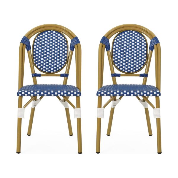 Noble House Remi Aluminum and Faux Rattan Bistro Chairs in Blue/White (Set of 2)
