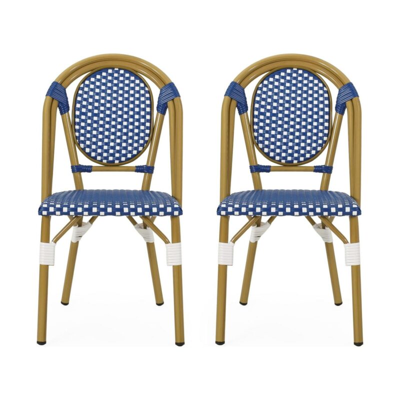 Noble House Remi Aluminum and Faux Rattan Bistro Chairs in Blue/White (Set of 2)