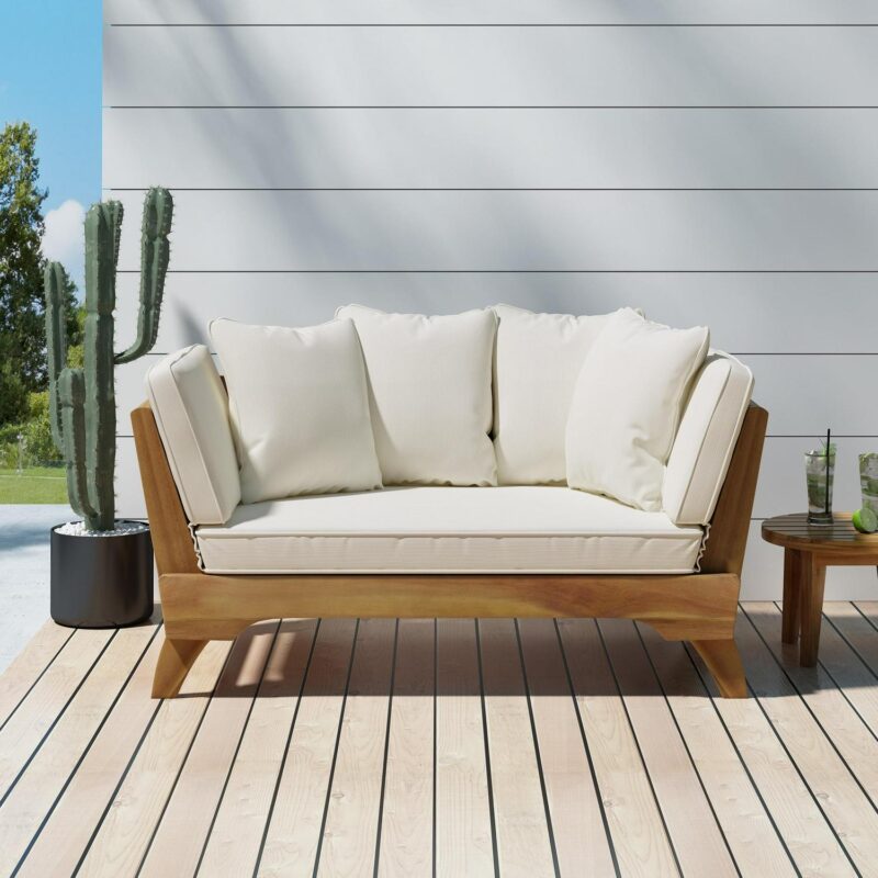 Noble House Serene Outdoor Acacia Wood Expandable Daybed in Teak/ Beige/Khaki - Image 2