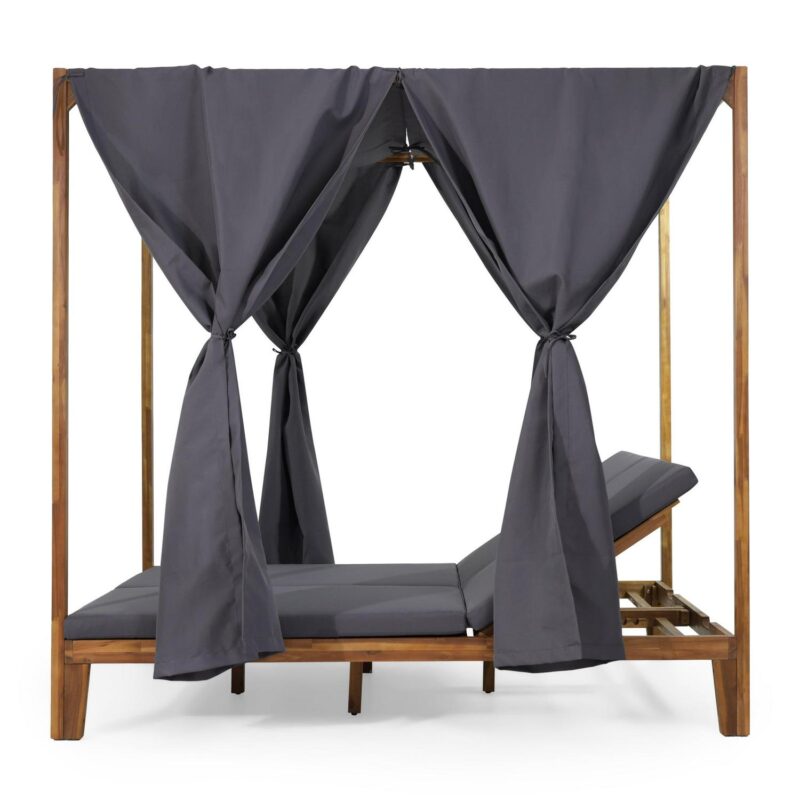 Noble House Upholstered Adjustable Daybed with Curtains, Teak/Dark Gray - Image 8
