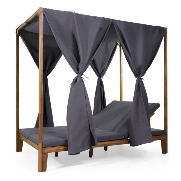 Noble House Upholstered Adjustable Daybed with Curtains, Teak/Dark Gray