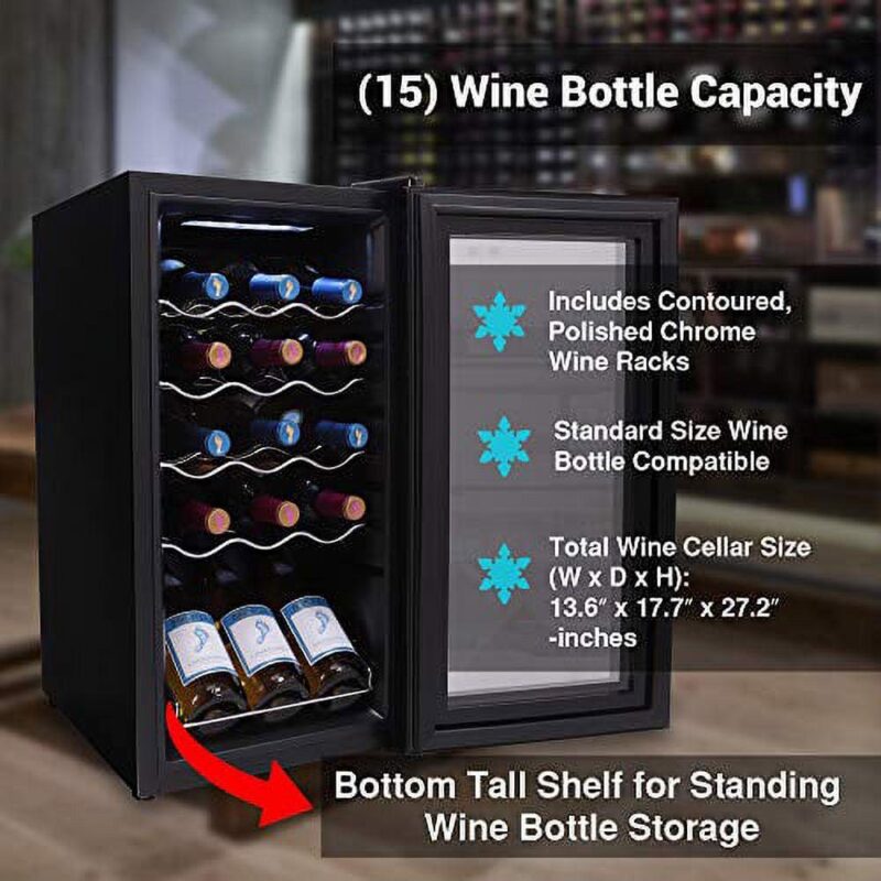 NutriChef PKCWC150 - Wine Chilling Refrigerator Cellar - Touch Button Control with Air Tight Seal, Contains Placement for Standing Bottles (15 Bottle Storage Capacity) - Image 5