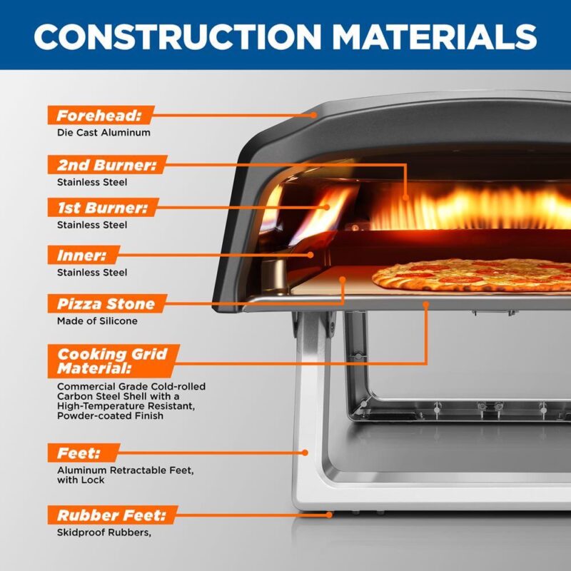 NutriChef Portable Outdoor Gas Pizza Oven - Foldable Feet, Adjustable Heat Control Dial, Includes Burner, Stone and Regulator w/ Hose, Cooks 12  Pizza in 60 Seconds - Image 4