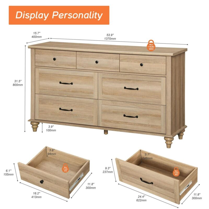 Oak 7 Drawer Dresser for Bedroom, Wooden Chest of Drawers for Living Room - Image 5
