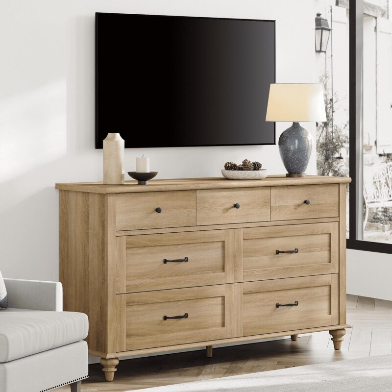 Oak 7 Drawer Dresser for Bedroom, Wooden Chest of Drawers for Living Room - Image 2