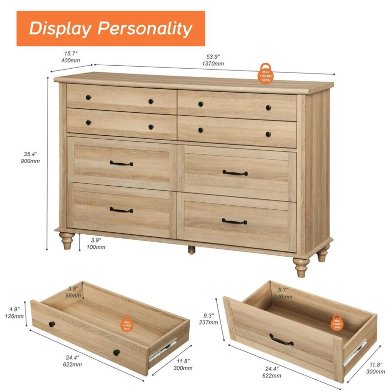 Oak 8 Drawer Dresser for Bedroom, Wooden Chest of Drawers for Living Room - Image 3