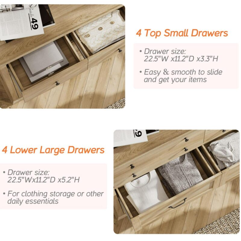 Oak 8 Drawer Dresser for Bedroom, Wooden Chest of Drawers for Living Room - Image 4