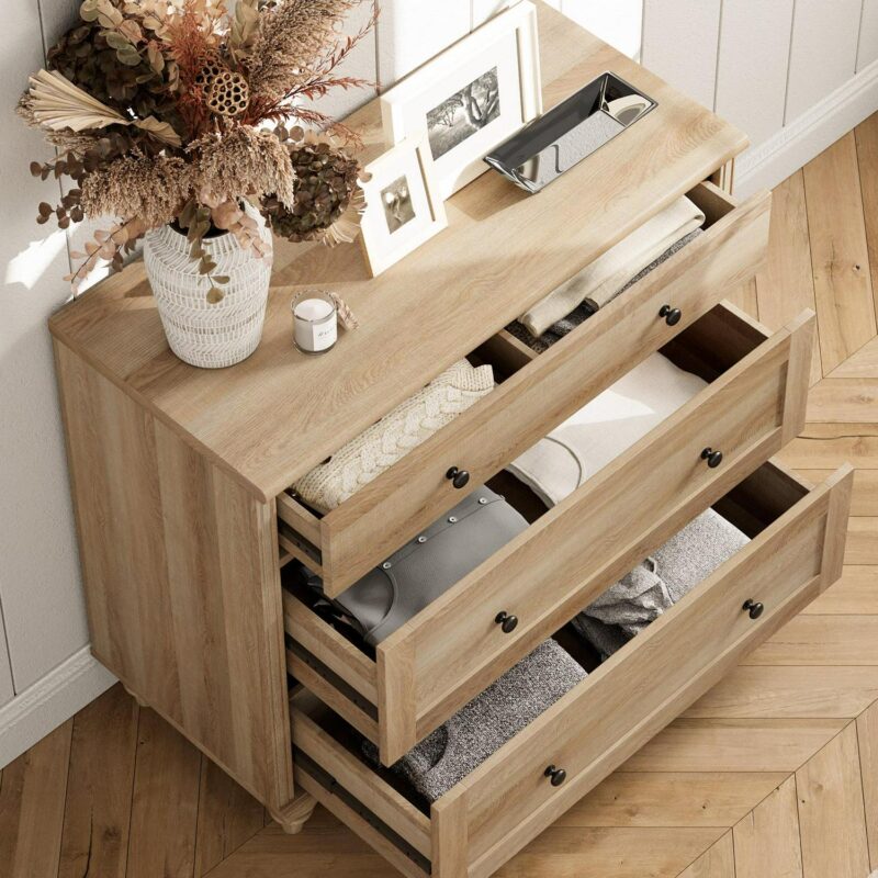Oak Bedroom Dresser with 3 Drawers, Mid Century Modern Wooden Closet Storage Organizer, Small Dressers Suitable for Living Room, Nursery, and Hallway - Image 4