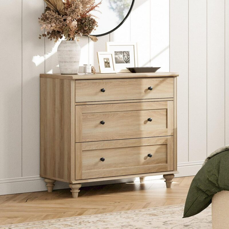Oak Bedroom Dresser with 3 Drawers, Mid Century Modern Wooden Closet Storage Organizer, Small Dressers Suitable for Living Room, Nursery, and Hallway - Image 6