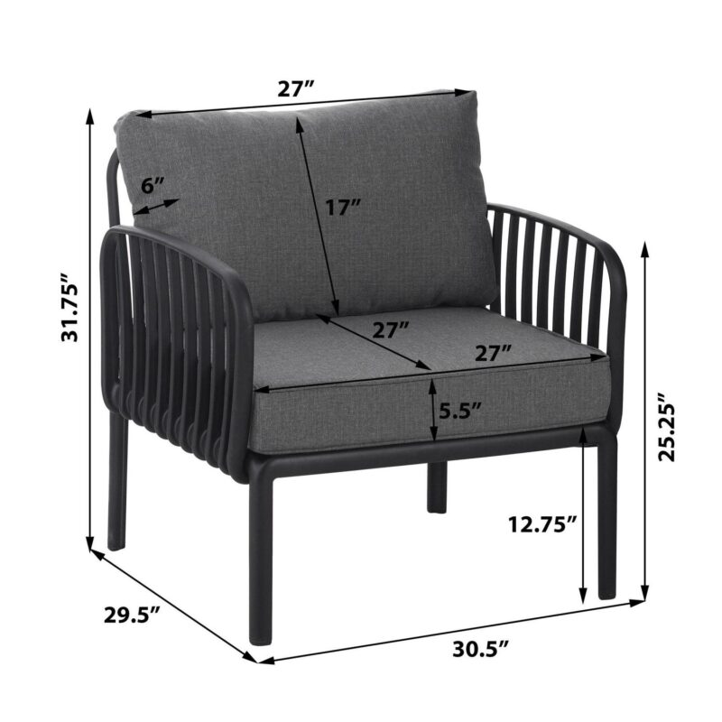 Orion Modern Outdoor Patio Club Chair with Cushions, Black+Dark Gray - Image 3