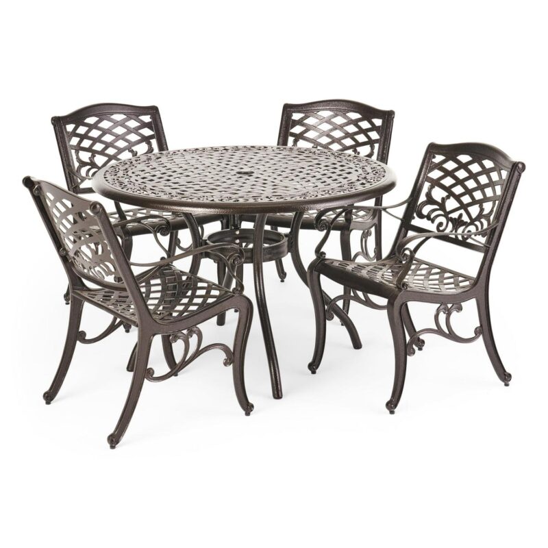 Outdoor 5 Piece Cast Aluminum Outdoor Dining Set, Bronze - Image 14