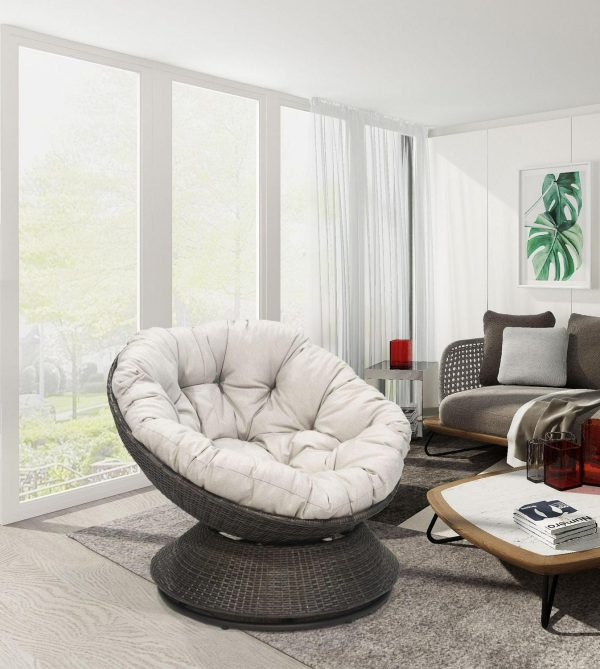 Outdoor/Indoor furniture Brigham Cushion Wicker Oversized Papasan Chair with 360-Degree Swivel, Brown Frame