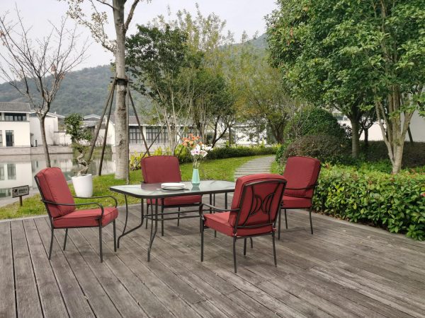 Outdoor Patio Garden Furniture Augusta 5-Piece Dining Set with 4 Cushioned Chairs, 1 Rectangular Dining Table - Red