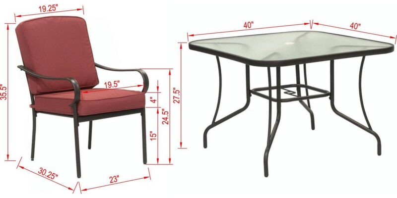 Outdoor Patio Garden Furniture Augusta 5-Piece Dining Set with 4 Cushioned Chairs, 1 Square Dining Table - Red - Image 7