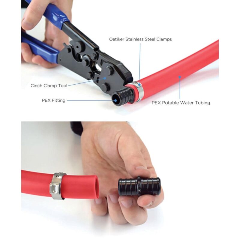 PEX Plumbing Kit, Crimper Tool with Lock Hook, Cutter Tool with Carrying Case, Lead Free Brass Barbed and Straight Coupling Fitting, Cinch Clamp and Half Clamp with Nail - Image 5
