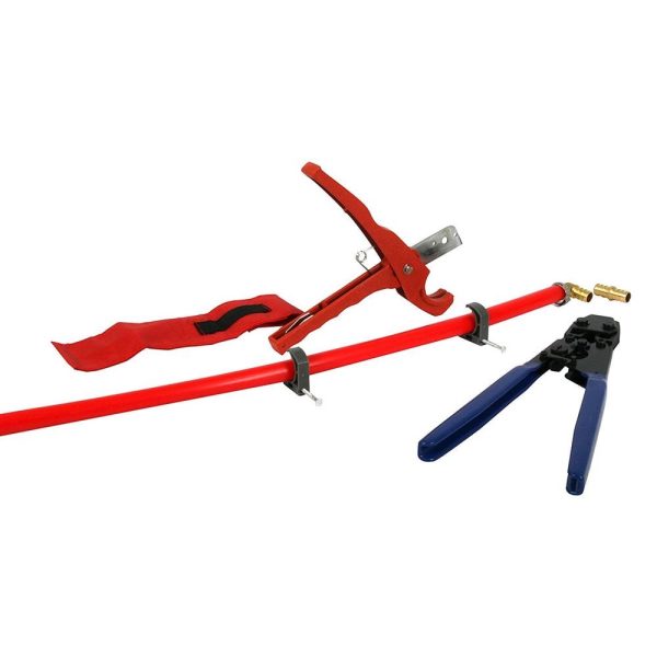 PEX Plumbing Kit, Crimper Tool with Lock Hook, Cutter Tool with Carrying Case, Lead Free Brass Barbed and Straight Coupling Fitting, Cinch Clamp and Half Clamp with Nail