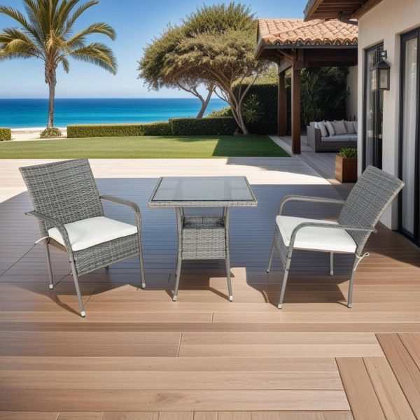 PORKISS 3 Pieces Patio Furniture Set, Wicker Outdoor Conversation Set with Rattan Chairs and Table, Modern Sectional Sofa Set with White Cushion for Garden, Pool, Yard, Grey