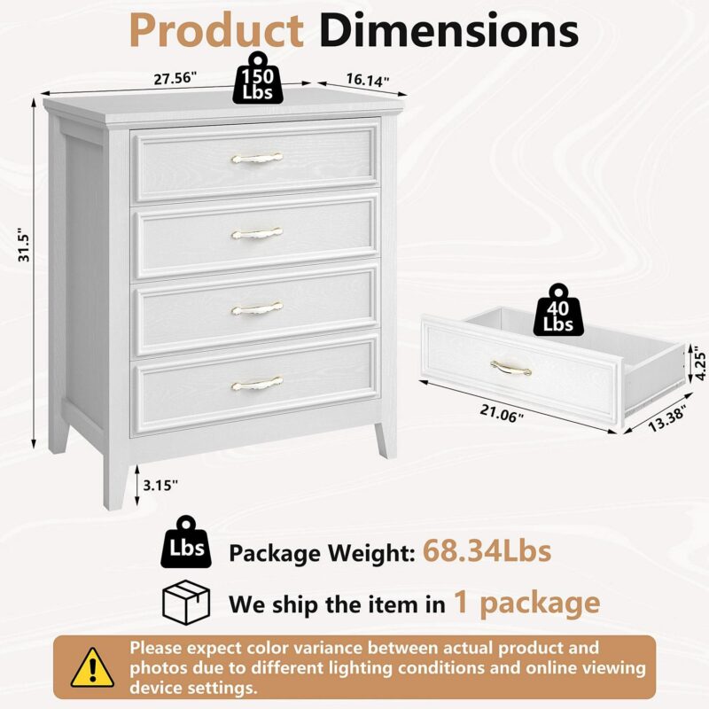 PORKISS 4 Drawer Dresser, Wood Chest of Drawers for Bedroom with Sturdy Frame, Modern Storage Cabinet with Metal Handle for Adults, Entryway, Hallway, White - Image 9