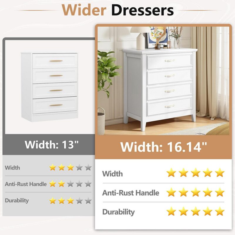 PORKISS 4 Drawer Dresser, Wood Chest of Drawers for Bedroom with Sturdy Frame, Modern Storage Cabinet with Metal Handle for Adults, Entryway, Hallway, White - Image 3
