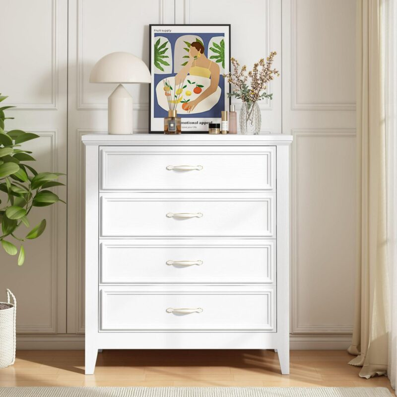 PORKISS 4 Drawer Dresser, Wood Chest of Drawers for Bedroom with Sturdy Frame, Modern Storage Cabinet with Metal Handle for Adults, Entryway, Hallway, White - Image 13