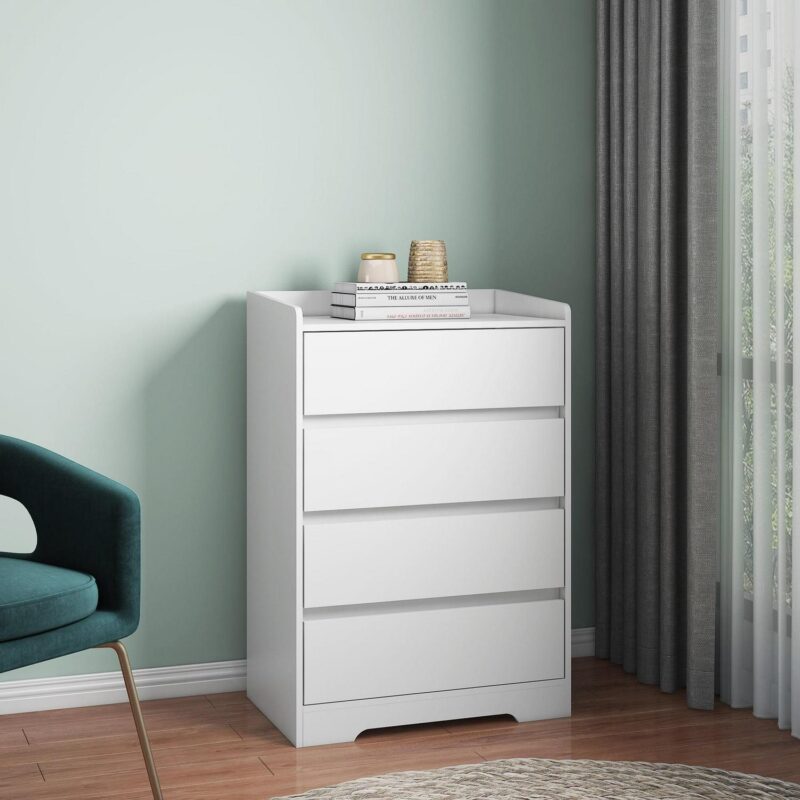 PORKISS 4 Drawer Dresser, Wood Chest of Drawers with Sturdy Frame, Modern Storage Drawer Cabinet Without Handle for Bedroom, Entryway, Bedroom, Hallway, White - Image 10
