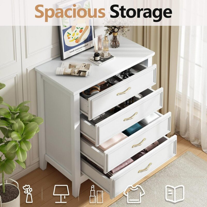 PORKISS 4 Drawer Dresser, Wood Chest of Drawers for Bedroom with Sturdy Frame, Modern Storage Cabinet with Metal Handle for Adults, Entryway, Hallway, White - Image 8