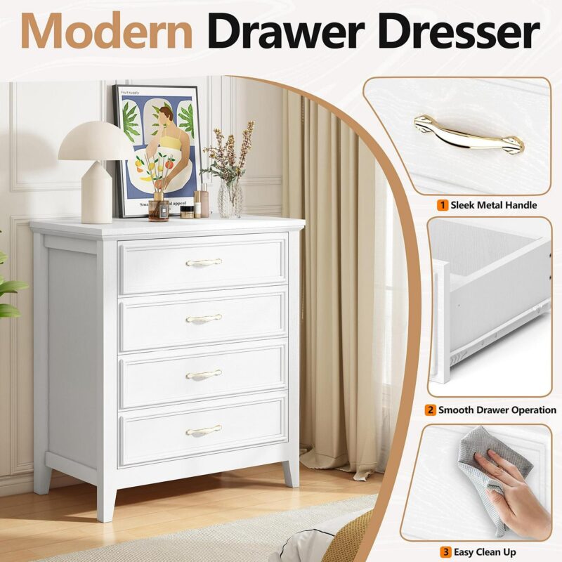 PORKISS 4 Drawer Dresser, Wood Chest of Drawers for Bedroom with Sturdy Frame, Modern Storage Cabinet with Metal Handle for Adults, Entryway, Hallway, White - Image 4