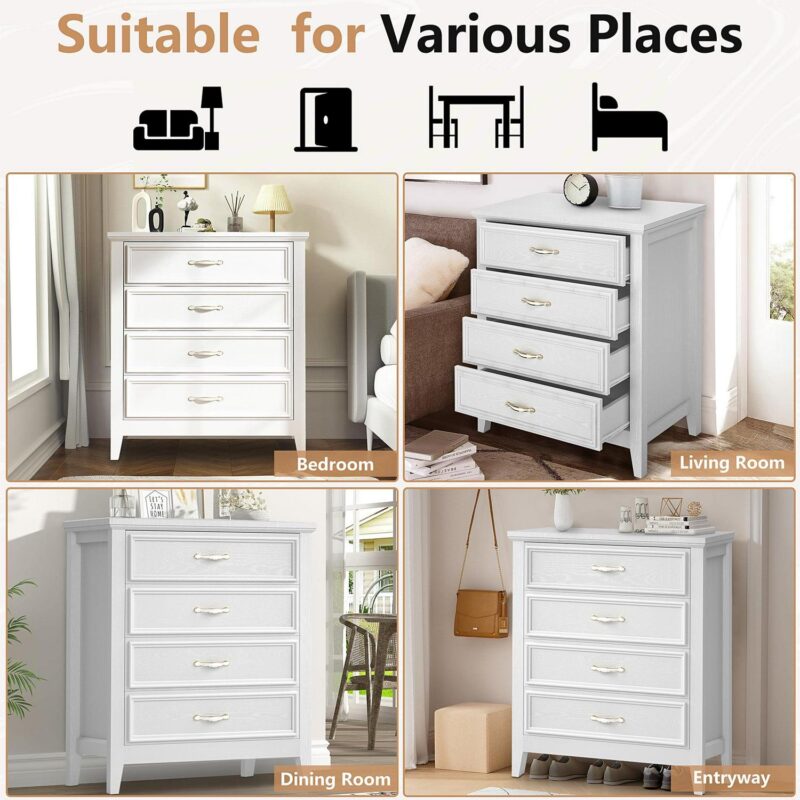 PORKISS 4 Drawer Dresser, Wood Chest of Drawers for Bedroom with Sturdy Frame, Modern Storage Cabinet with Metal Handle for Adults, Entryway, Hallway, White - Image 7
