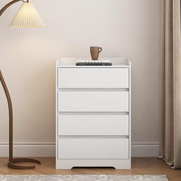 PORKISS 4 Drawer Dresser, Wood Chest of Drawers with Sturdy Frame, Modern Storage Drawer Cabinet Without Handle for Bedroom, Entryway, Bedroom, Hallway, White
