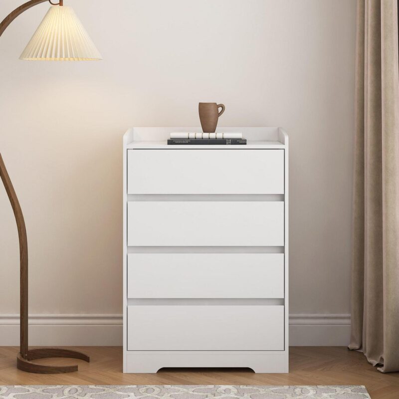 PORKISS 4 Drawer Dresser, Wood Chest of Drawers with Sturdy Frame, Modern Storage Drawer Cabinet Without Handle for Bedroom, Entryway, Bedroom, Hallway, White