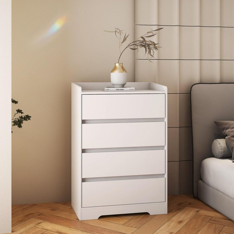 PORKISS 4 Drawer Dresser, Wood Chest of Drawers with Sturdy Frame, Modern Storage Drawer Cabinet Without Handle for Bedroom, Entryway, Bedroom, Hallway, White - Image 12